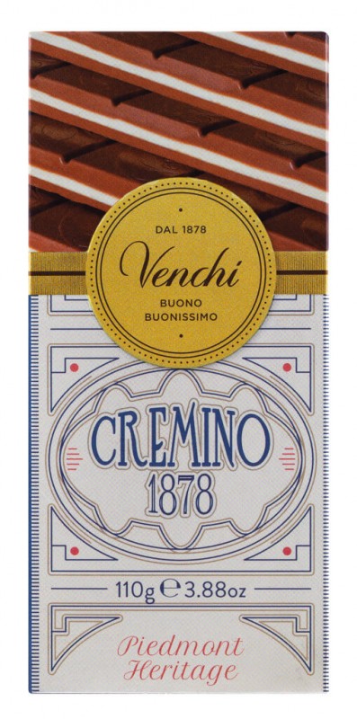 Barre Cremino 1878, chocolat au lait gianduia et pate d`amande, Venchi - 110g - Morceau