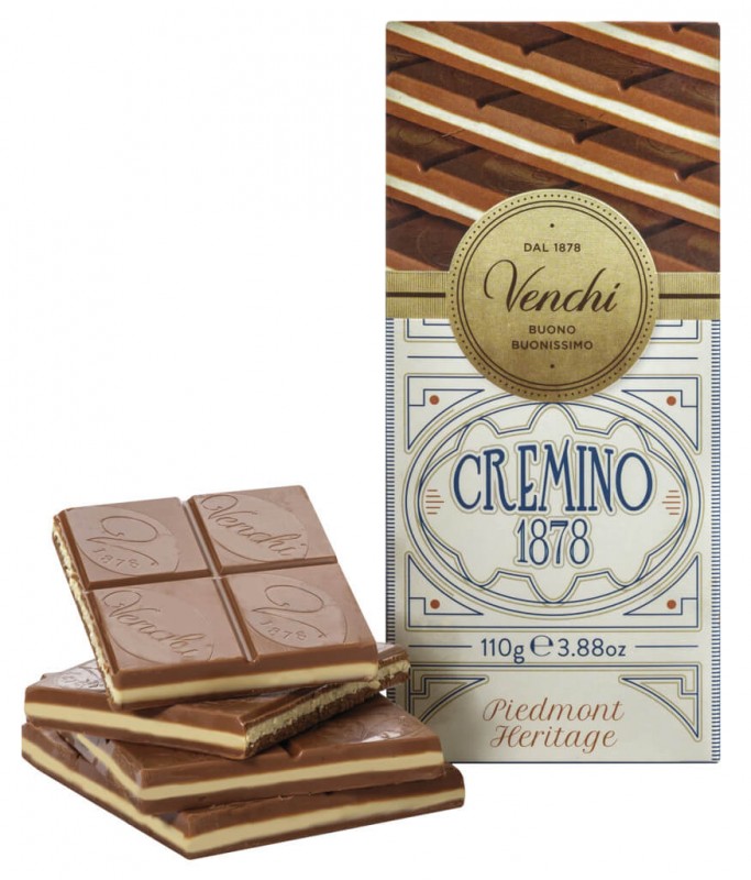 Barre Cremino 1878, chocolat au lait gianduia et pate d`amande, Venchi - 110g - Morceau