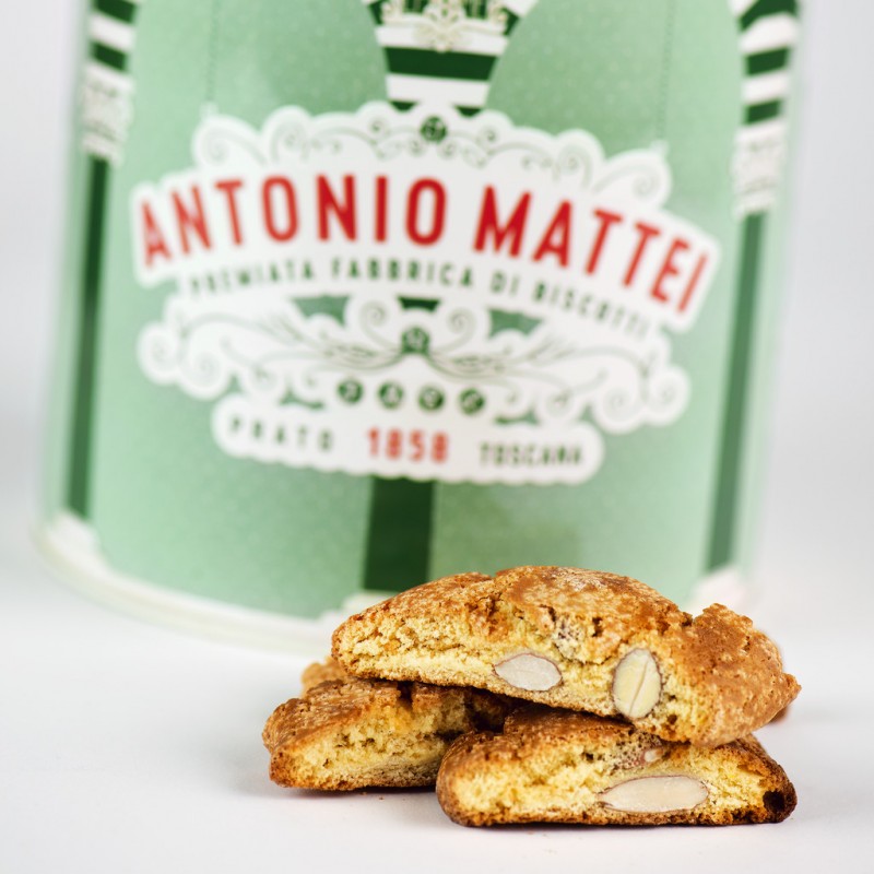 Biscotti di Prato alle mandorle, latta clara, biscuits toscans aux amandes, boîte ronde, mattei - 500g - pouvez