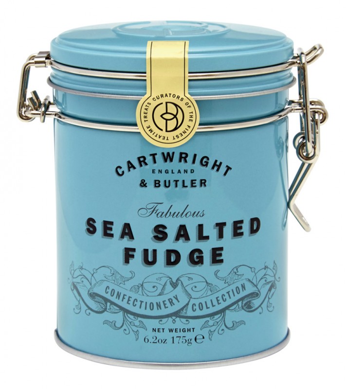 Salted Caramel Fudge, blue tin, soft caramel with butter and sea salt, blue tin, Cartwright and Butler - 175 g - can