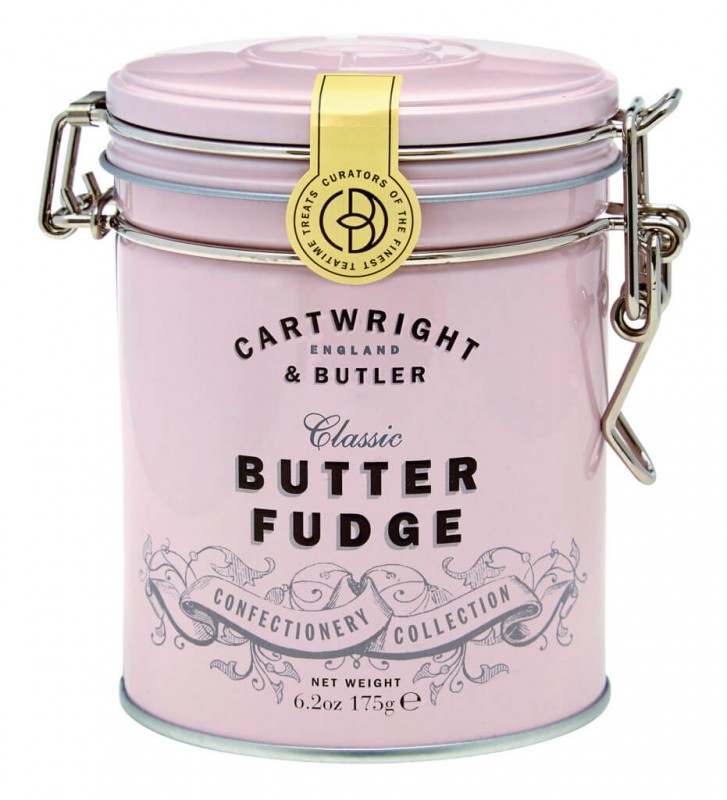 Butter Fudge, rose tin, Soft Caramel with Butter, pink tin, Cartwright and Butler - 175 g - socket