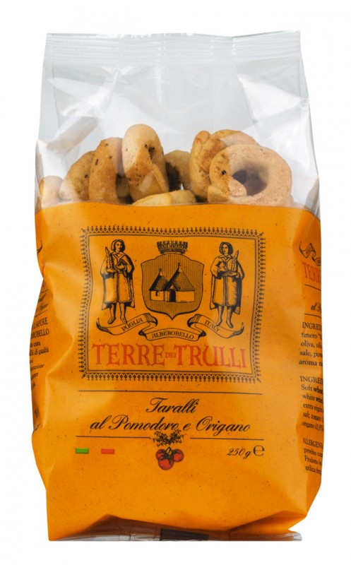 Taralli al Pomodoro e Origano, biscuits sales a la tomate et a l`origan, Terre dei Trulli - 250g - sac