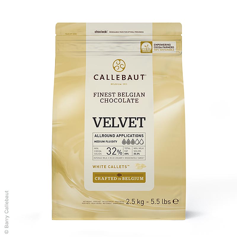 Callebaut hvid chokolade fløjl, Callets, 32% kakaosmør, 22,3% mælk, W3 - 2,5 kg - taske