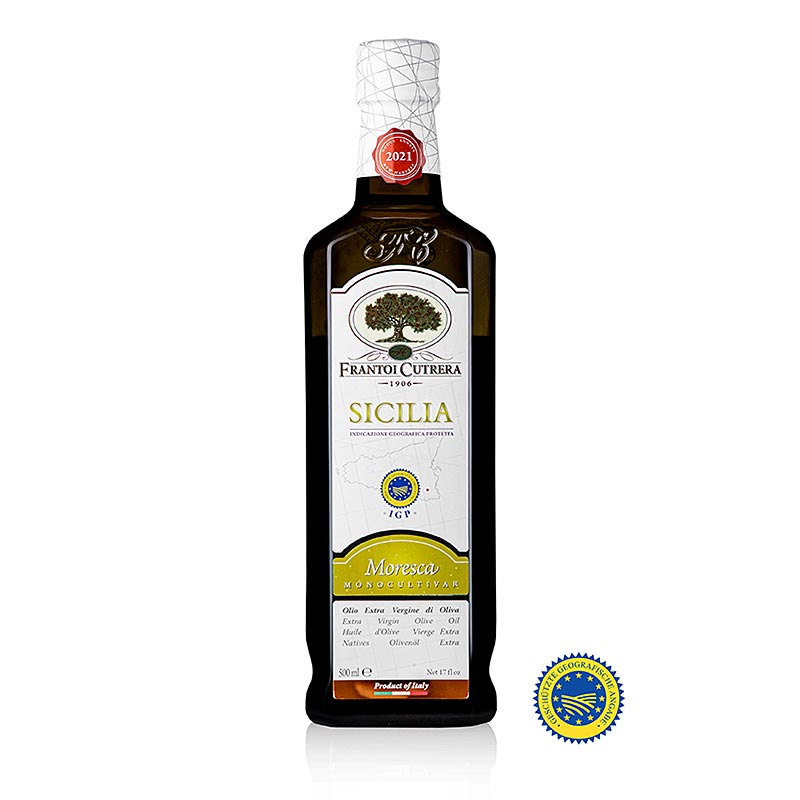 Huile d`Olive Extra Vierge, Frantoi Cutrera IGP/IGP, 100% Moresca - 500 ml - bouteille