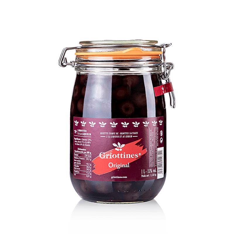 Griottines Originales, semi-candi. Cerises aigres sans noyau, sans queue, en liqueur, 15% vol. - 1 litre - Verre