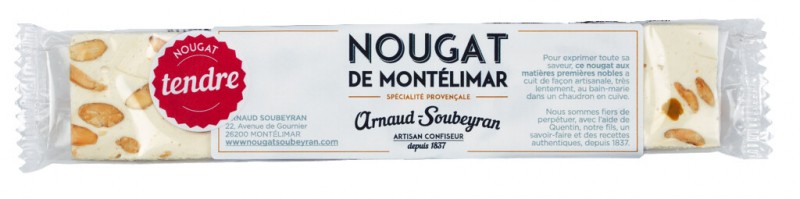 Nougat de Montelimar, tendre, nougat, moelleux, barre, Arnaud Soubeyran - 50g - paquet