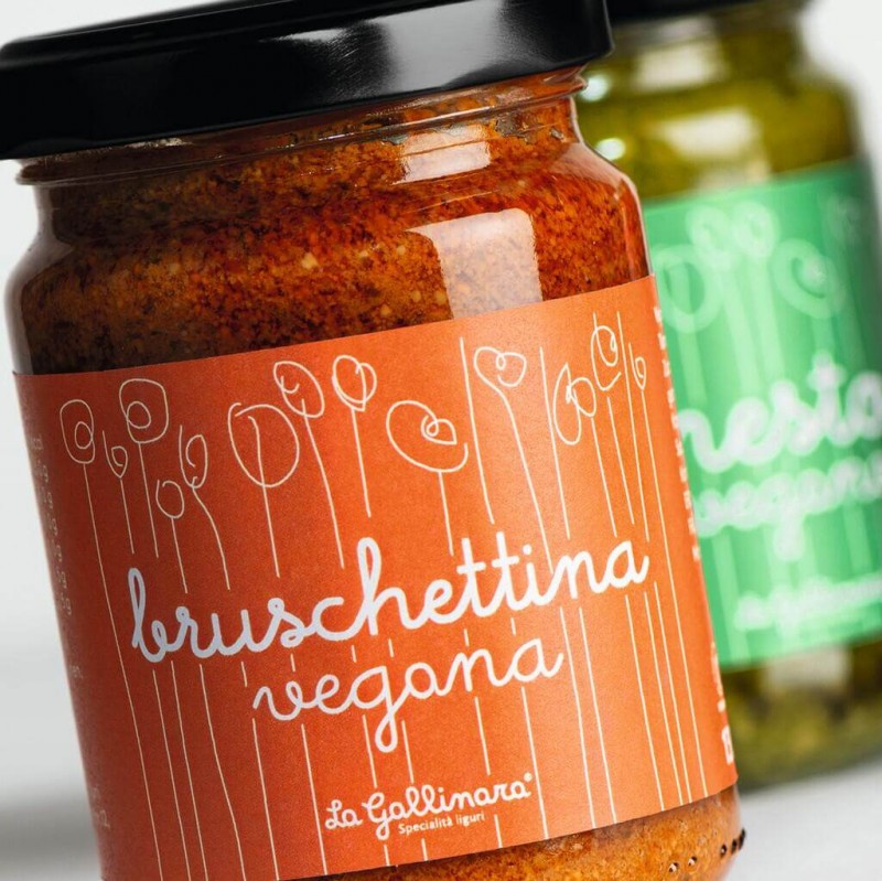 Bruschettina Vegana, tartinee d`aubergines et sechee. Tomates, vegetaliennes, La Gallinara - 130g - Verre