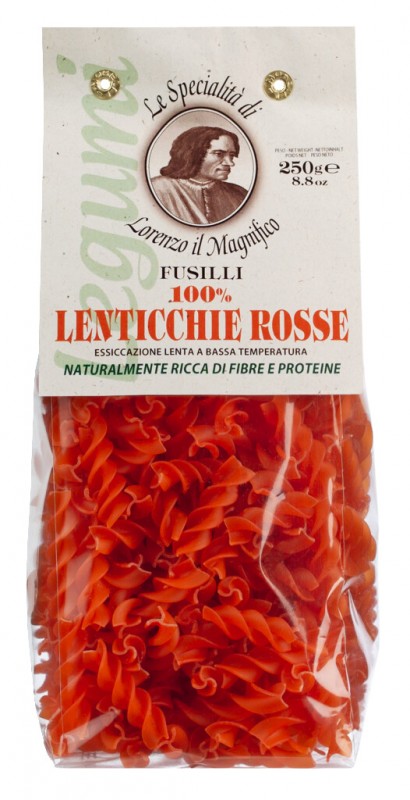 Pasta lenticchie rosse, fusilli, rød linse fusilli, Lorenzo il Magnifico - 250 g - taske