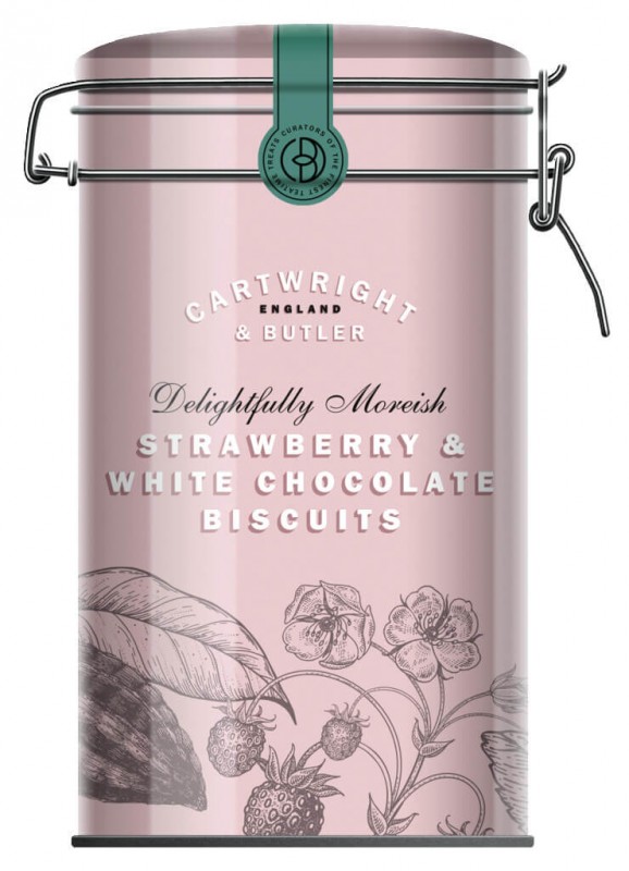 Strawberry and White Chocolate Biscuits, biscuits with white chocolate and strawberries, tin, Cartwright and Butler - 200 g - can