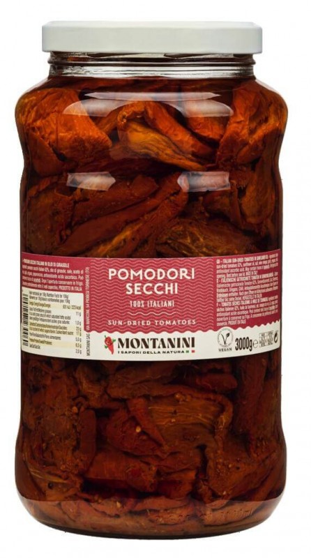 Pomodori secchi sott`olio, tørrede tomater i olie, Montanini - 3.000 g - glas