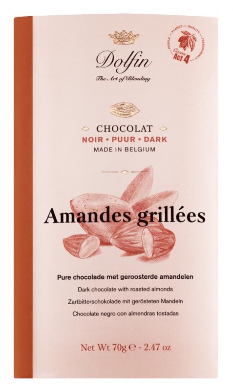 Tablet, noir aux amandes grill, chokoladestang, mørk m. ristede. Mandler, Dolfin - 70 g - bord