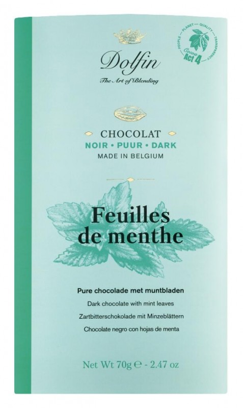 Tablet, noir aux feuilles de menthe, chokoladestang, bittersød med mynte, Dolfin - 70 g - bord