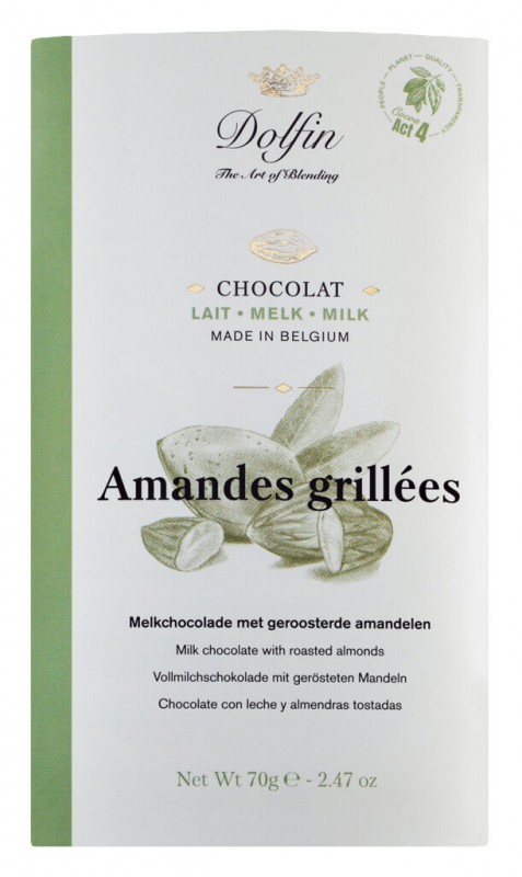 Tablette, lait aux amandes grillees, barre chocolatee, lait entier torrefie. Amandes, Dolfin - 70g - Tableau noir