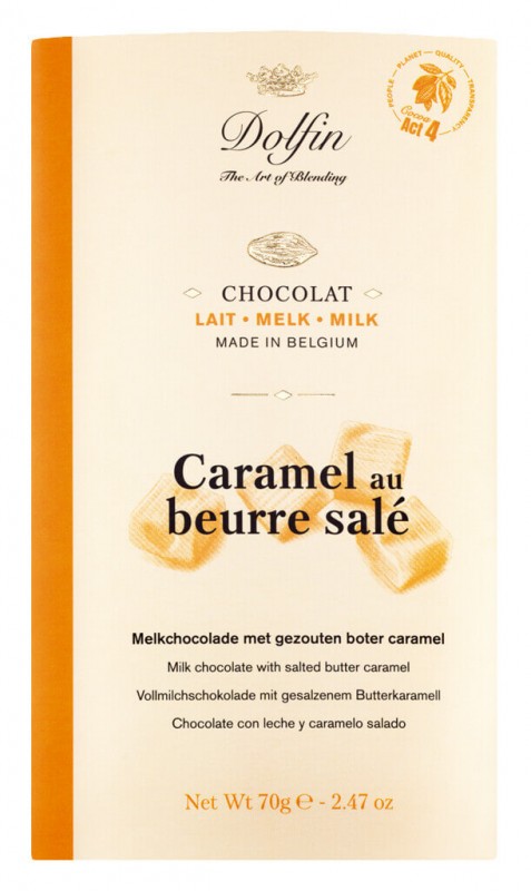 Tablette, vente de lait au caramel et beurre, chocolat au lait caramel au beurre sale, Dolfin - 70g - Tableau noir