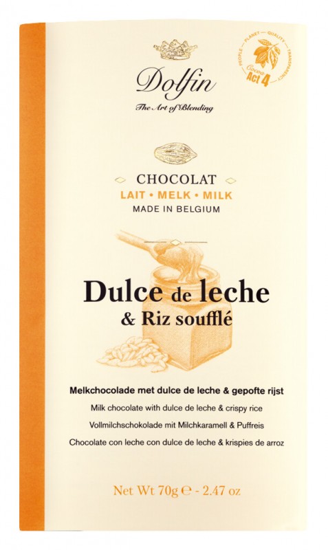 Tablette, lait dulce de leche et riz souffle, chocolat au lait caramel au lait et riz souffle, Dolfin - 70g - Morceau