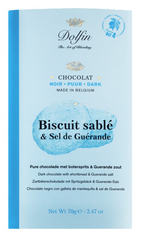 Chocolat noir sable et sel, tablette, biscuit noir sable et fleur de sel, Dolfin - 70g - Morceau