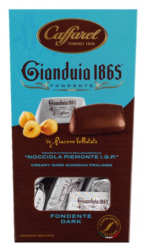 Gianduiotti fondenti, Ballotin, Haselnuss-Nougat-Pralinen, Zartbitter,Geschenkpack, Caffarel - 150 g - Packung