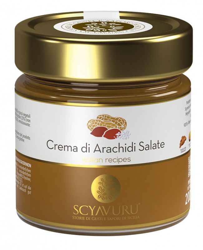 Crema di Arachidi Salate, Süßer Aufstrich m. gesalzenen + geröst. Erdnüssen, Scyavuru - 200 g - Glas