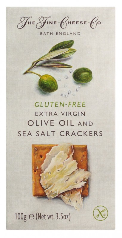 Extra Vierge. Huile d`olive, craquelins au sel de mer sans gluten, craquelins pour fromage a l`huile d`olive et au sel, sans gluten, The Fine Cheese Company - 100g - paquet