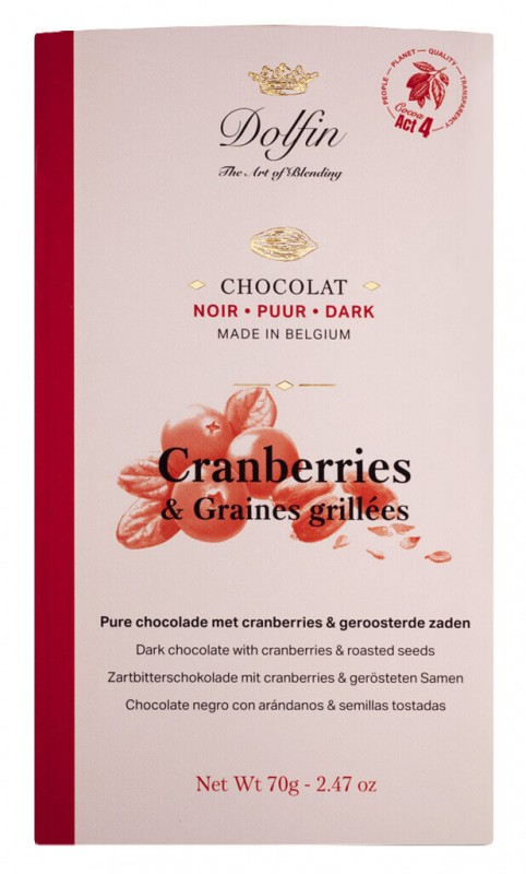 Tablet, zwarte cranberry en mix de graine, pure chocolade. m. Veenbessen en geroosterd. Zaden, Dolfin - 70g - Deel