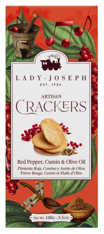 Crackers au poivron rouge, cumin et huile d`olive, biscuits au poivron rouge, cumin et huile d`olive, Lady Joseph - 100g - paquet