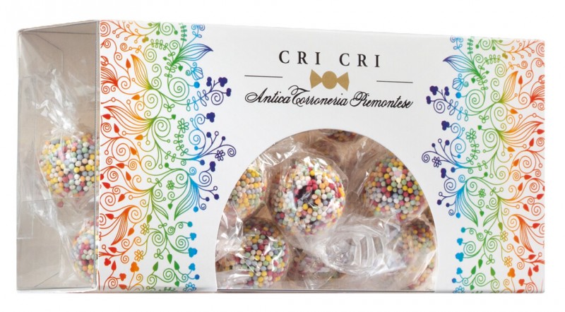 Cri cri fondente con nocciole, Acrobaleno, Haselnüsse umhüllt mit Schokolade, Regenbogenbox, Antica Torroneria Piemontese - 140 g - Packung