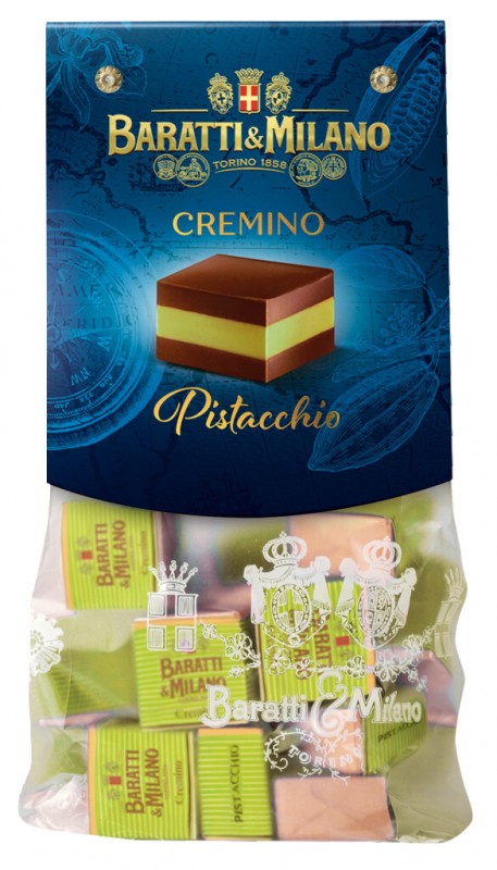 Cremino Pistacchio Sacchetto, chocolade-hazelnoot gelaagde pralines met pistache, Baratti e Milano - 200 gr - tas