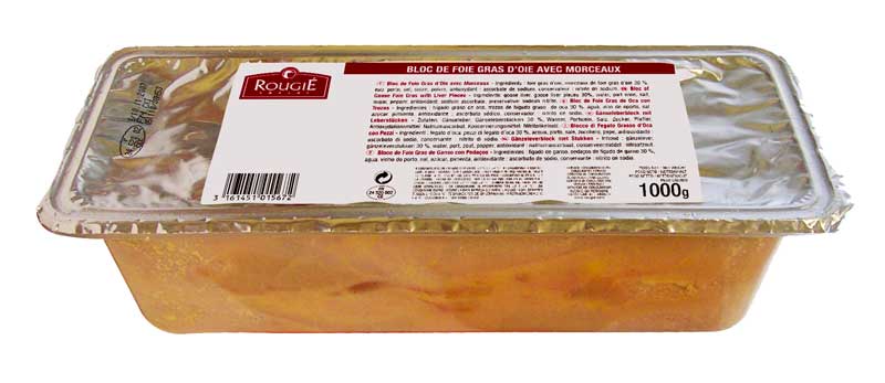 Bloco de figado de ganso, com pedacos, foie gras, trapezio, semiconservado, rougie - 1 kg - Concha PE