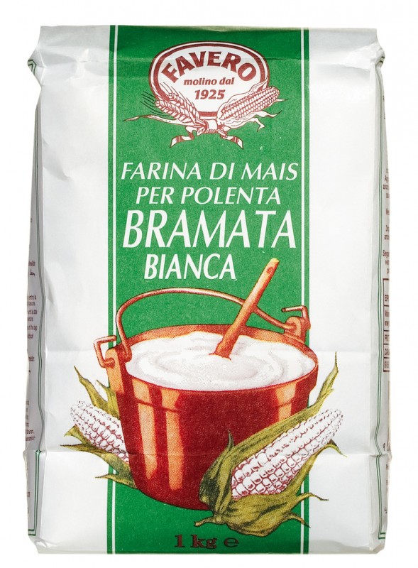 Farina di mais Bramata bianca, per polenta, grovt maismel, hvit, Favero - 1000 g - Bag