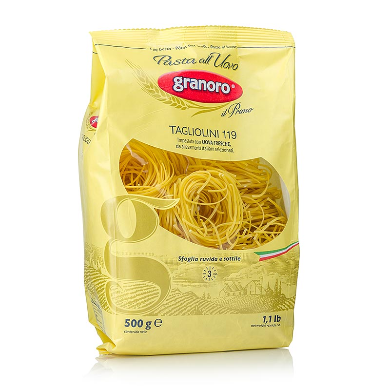 Tagliolini Granoro amb ou, 2 mm, nius de pasta de cinta, num.119 - 500 g - Bossa