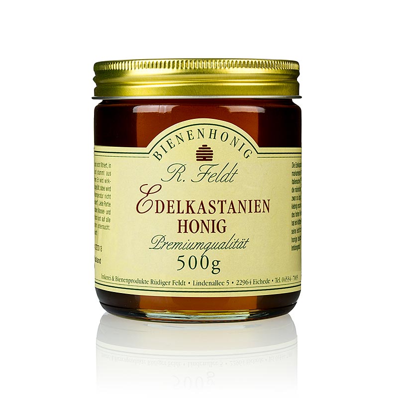 Sot kastanjehonung, Italien, mellanbrun, flytande, bittersot Biodling Feldt - 500 g - Glas