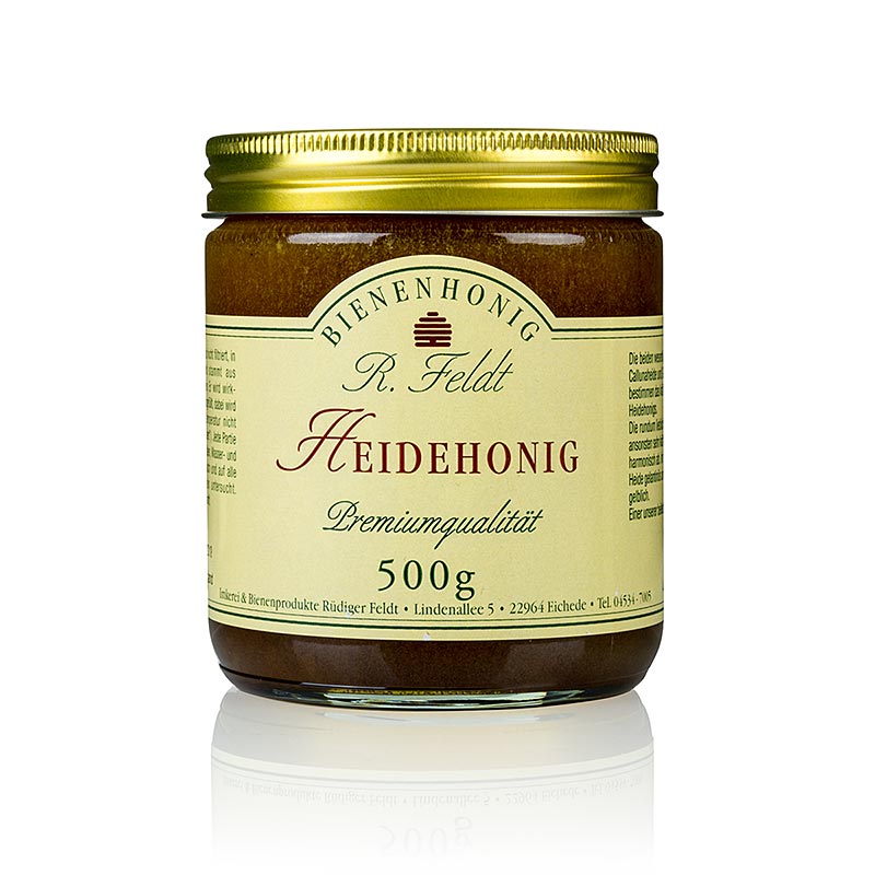 Miele di erica, scuro, cremoso, aromatico, tipicamente forte del reparto di apicoltura Feldt - 500 g - Bicchiere