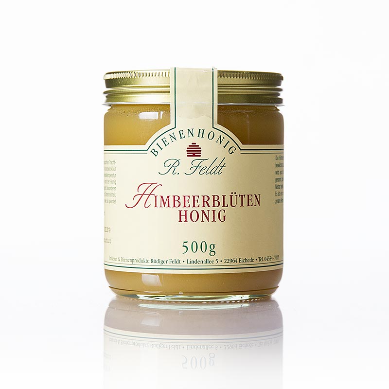 Miel de flor de frambuesa, ligero, ligeramente afrutado y fino aroma a frambuesa de Beekeeping Feldt - 500g - Vaso