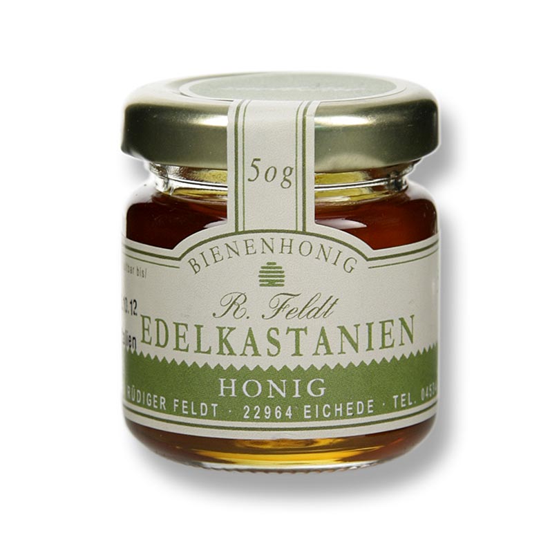 Soet kastanjehonning, Italia, medium brun, flytende, bittersoet, porsjonskrukke fra Beekeeping Feldt - 50 g - Glass