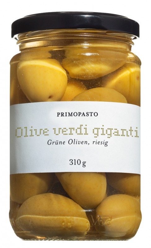 Oliivi verdi giganti, vihrea, erittain suuret oliivit kivilla, suolavedessa, primopasto - 300g - Lasi