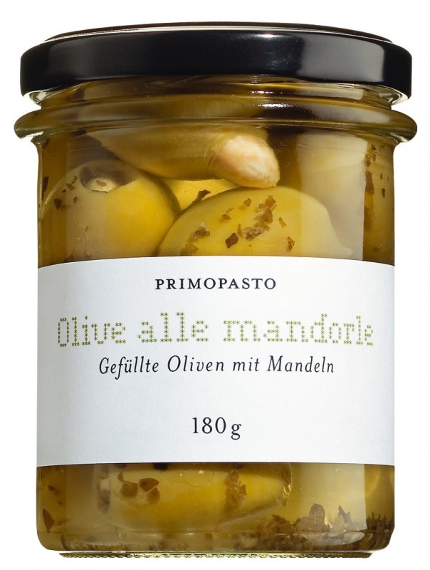 Olive verdi con mandorle, olive verdi sott`olio, ripiene di mandorle, primopasto - 180 g - Bicchiere