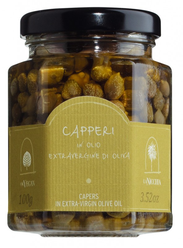 Capperi em olio extra vergine d`oliva, alcaparras em azeite extra virgem, La Nicchia - 100g - Vidro