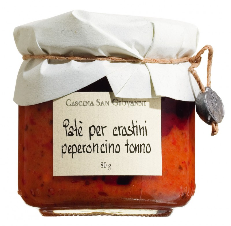 Pate di peperoncini e tonno, crostino-kram gjord pa korsbarspeppar och tonfisk, Cascina San Giovanni - 80 g - Glas