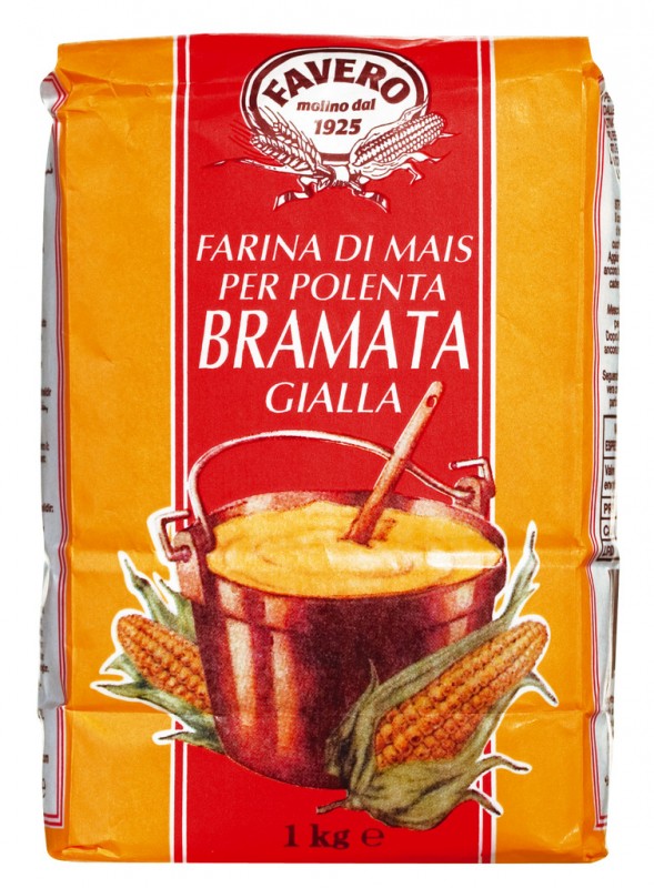 Farina di mais Bramata gialla, per polenta, grovt majsmjol, Favero - 1 000 g - packa