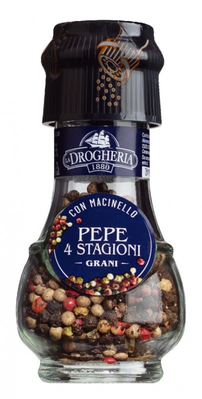 Pepe quattro stagioni con macinello, firefarget pepper, krydderkvern, drogheria og alimentari - 35 g - Glass