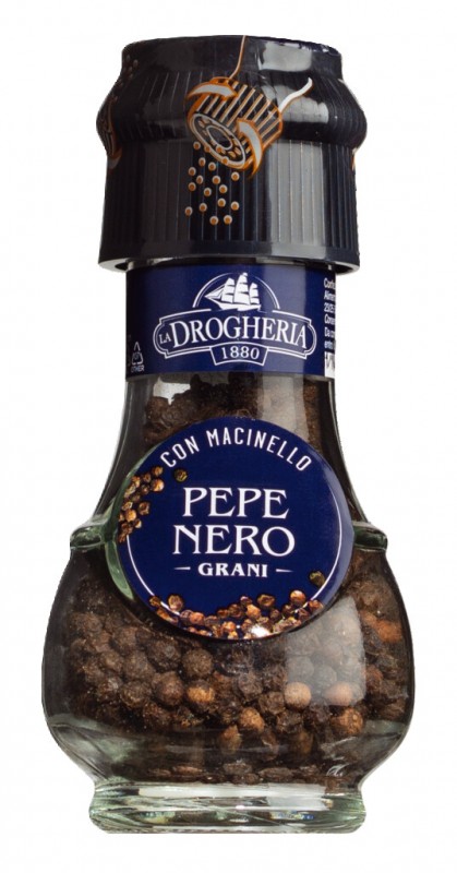 Pepe nero amb macinello, pebre negre, moli d`especies, drogheria i alimentari - 45 g - Vidre