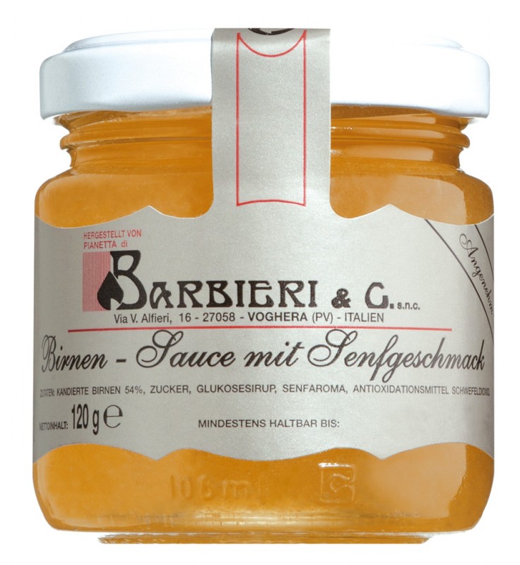 Salsa di pere, salsa di pere al gusto di senape, piccante-dolce, Barbieri - 106 ml - Bicchiere