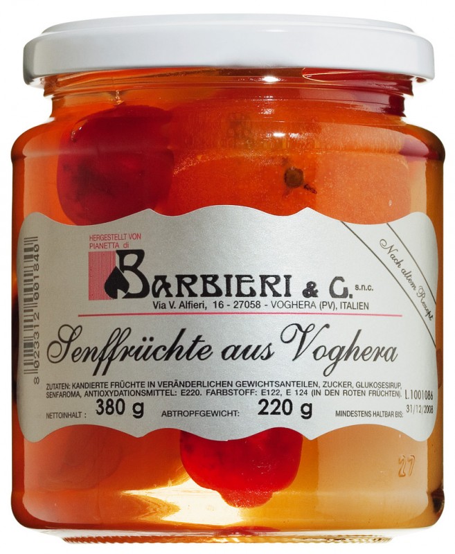 Mostarda di Voghera, frutas cristalizadas com sabor mostarda, picante-doce, Barbieri - 380g - Vidro