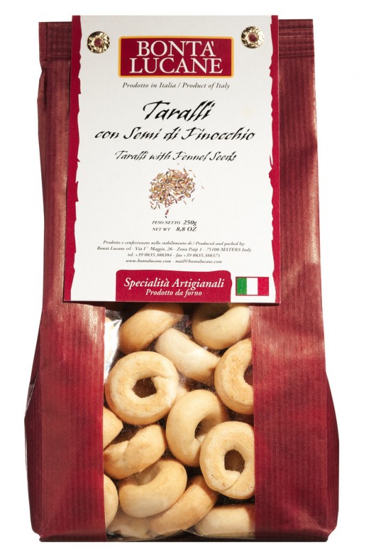 Taralli amb semi di finocchio, galetes salades amb llavors de fonoll, Bonta Lucane - 250 g - bossa