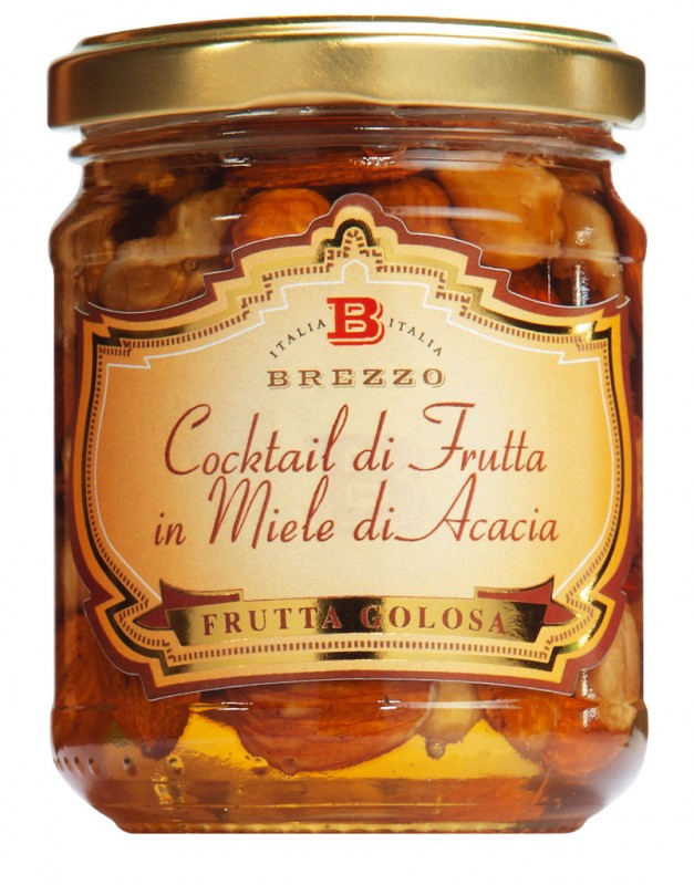 Cocktail di frutta secca miele di Acaciassa, sekoitettu pahkina akaasiahunajassa, Apicoltura Brezzo - 230g - Lasi