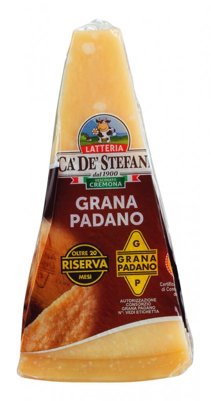 Grana Padano DOP Riserva 20 meses, queijo duro feito com leite de vaca cru, maturado por pelo menos 20 meses, Latteria Ca` de` Stefani - aproximadamente 350g - Pedaco