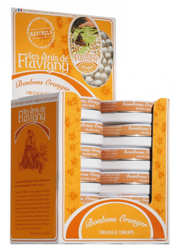 Oranssi karkit, naytto, appelsiinin kanssa karkit, naytto, Les Anis de Flavigny - 12x50g - naytto