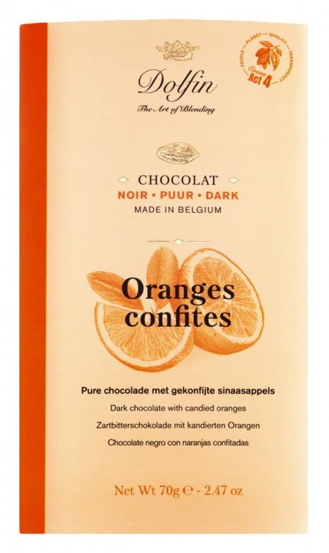 Nettbrett, noir aux ecorces d`orange confites, sjokoladeplate, moerk med appelsinskall, Dolfin - 70 g - tavle