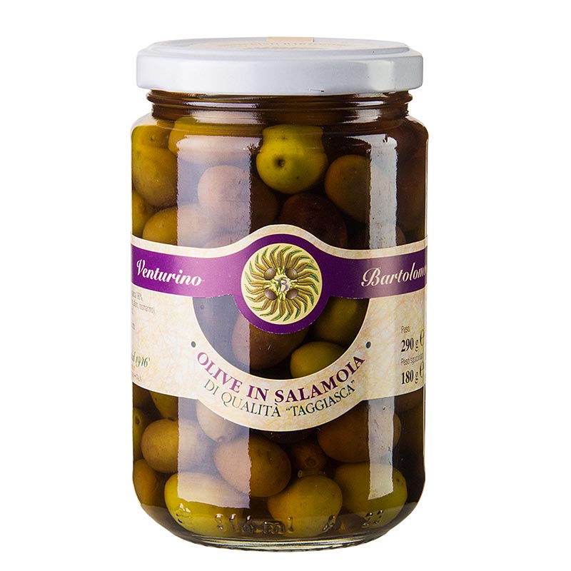 Miscela di olive, olive verdi nere taggiasche, con nocciolo, in salamoia, Venturino - 290 g - Bicchiere