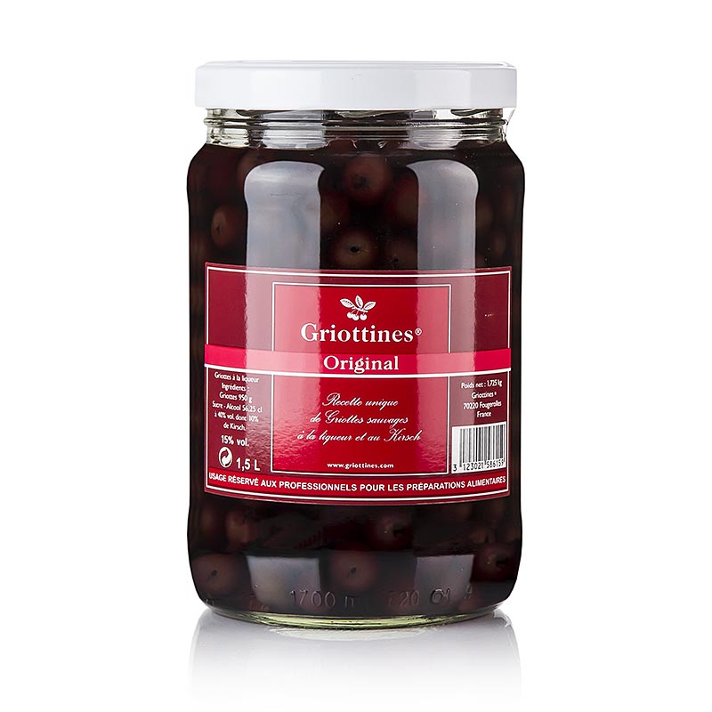 Griottines Original - vilda sura korsbar i kirsch, utan grop, sot, 15% vol. - 1,5 L - Pe kan